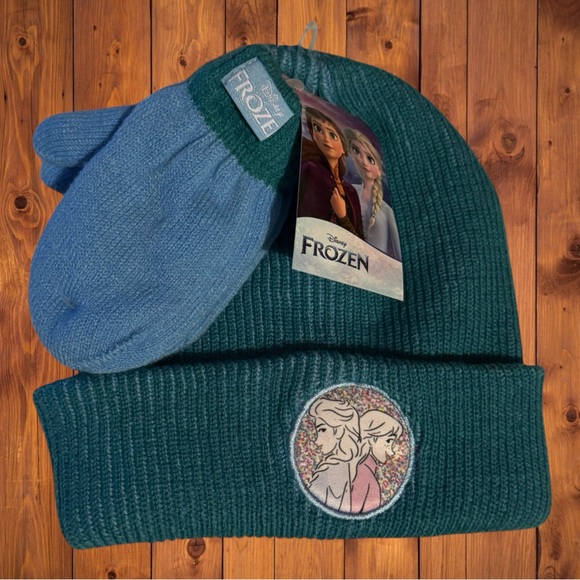 Disney Frozen Anna And Elsa Winter Hat And Mitten Set Beanie Stocking Cap - Picture 1 of 2